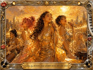 Five glamorous performers command a glowing rooftop stage beneath a radiant golden sunset, surrounded by shimmering city lights. Rich oil-paint textures, amber, champagne, cream, and metallic highlights create a triumphant, dreamlike mood. Microphones, bass, keyboard, stars, red lips, and ornate chrome-gold musical details frame the luminous composition.