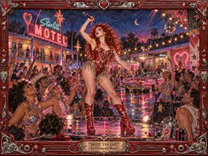 A flamboyant red-haired performer commands a rain-slicked motel courtyard stage, surrounded by an ecstatic nighttime crowd, neon hearts, string lights, and a vintage convertible. Saturated reds, pinks, golds, and midnight blues glow with theatrical energy. Painterly textures, glittering costumes, reflective pavement, and an ornate heart-studded frame create exuberant retro-pop spectacle.