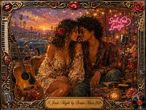A romantic couple leans close in a glowing sunset lounge filled with roses, guitars, records, and vintage microphones. Warm amber, crimson, gold, and teal tones create a seductive nostalgic mood. Rich painterly textures blend oil and acrylic effects, while ornate musical details and a decorative gold frame surround the intimate scene.