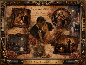 A nostalgic jazz romance unfolds in a richly layered vintage collage, centered on an elegantly dressed couple embracing beneath warm amber light. Rosewood frames reveal dancing, moonlit cityscapes, and intimate club scenes. Sepia, burgundy, gold, and midnight blue tones blend through textured painterly brushwork, surrounded by ornate musical details and roses.