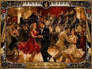 A jubilant 1939 swing ballroom bursts with motion as elegant couples dance before Glenn Millers lively big band. Warm gold, crimson, cream, and glossy black tones glow beneath theatrical lighting. Expressive oil-paint textures heighten the energy, while an ornate Art Deco frame features saxophones, piano keys, microphones, musical notes, and a centered engraved title plate.