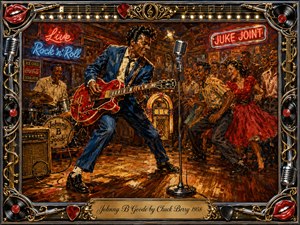 A jubilant young guitarist commands a glowing 1950s juke joint, surrounded by dancing crowds, a drummer, neon signs, and a vintage microphone. Rich oil-painted reds, blues, golds, and amber light create energetic warmth. An ornate chrome-and-gold musical frame, records, picks, red lips, and engraved title plate complete the nostalgic rock-and-roll tribute.