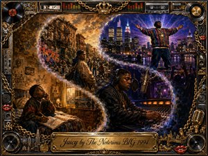 A richly textured urban collage traces a dream from a modest Brooklyn bedroom to recording-studio success and a glowing New York skyline. Warm amber memories curve into deep blues and purples, blending nostalgic oil-painted realism with dramatic illumination. Gold chains, vinyl records, microphones, speakers, and ornate metallic details frame the triumphant scene.