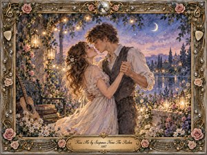A young couple shares a tender kiss in a moonlit garden beside a shimmering lake, surrounded by roses, daisies, lanterns, and glowing string lights. Soft lavender, gold, cream, and blue tones create a dreamy romantic mood. Painterly textures, an acoustic guitar, musical ornaments, and an elaborate gilded frame enhance the nostalgic atmosphere.