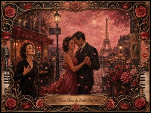 A romantic Parisian night glows in rose and gold as a couple dances beneath the Eiffel Tower while an expressive singer performs nearby. Wet cobblestones, cafe lights, drifting petals, and abundant roses create dreamy nostalgia. Rich oil-painted textures, warm lamplight, and an ornate musical frame evoke tenderness, elegance, and timeless love.