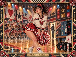 A spirited 1980s cheerleader poses dramatically in a glossy school gym, surrounded by synchronized dancers, lockers, banners, and glowing stage lights. Bold reds, blacks, creams, and electric blues create playful energy, while reflective floors, disco details, handmade textures, and a decorated vintage frame give the scene theatrical, nostalgic charm.