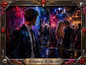 A solitary man watches an intimate couple across a neon-lit nightclub, capturing jealousy, longing, and emotional isolation. Rich acrylic textures blend deep blues, crimson, pink, and amber beneath shimmering disco lights. Reflections fracture the scene, while an ornate chrome-and-gold musical frame with red lips surrounds the dramatic composition.