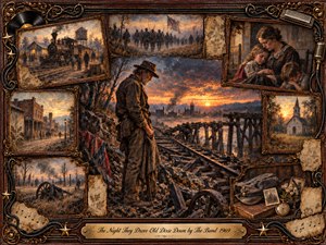 A weathered man stands beside shattered railroad tracks at sunset, surrounded by fading Civil War memories in ornate vintage frames. Burnished gold, rust, charcoal, and amber tones create a mournful, nostalgic atmosphere. Painterly textures, smoky light, ruined landscapes, family portraits, musical relics, and a richly engraved frame deepen the sense of loss and remembrance.
