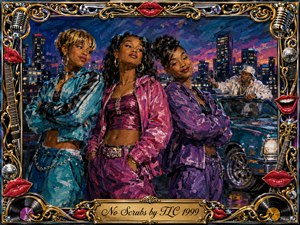 Three confident women pose against a glowing nighttime city skyline, dressed in vivid teal, pink, and purple streetwear beside a polished convertible. Rich oil-painted textures, neon reflections, and warm sunset tones create bold attitude and independence. An ornate chrome-and-gold frame features red lips, microphones, guitars, records, and an engraved title plate.