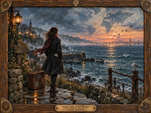 A solitary traveler stands above a stormy coastal harbor at sunset, gazing toward a distant illuminated city across restless blue-green water. Warm amber lights contrast with cool clouds and sea spray, creating a wistful, yearning mood. Rich painterly textures, windswept clothing, weathered stone, boats, seabirds, and a handcrafted wooden frame deepen the scene.