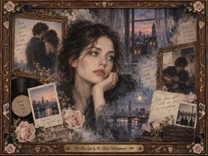A wistful young woman with pale blue eyes anchors a nostalgic collage of faded romance, city twilight, roses, handwritten notes, vinyl records, and intimate framed memories. Muted blues, dusty rose, cream, and warm brown tones glow under soft evening light, blending oil, acrylic, and watercolor textures within an ornate rosewood-and-gold musical frame.