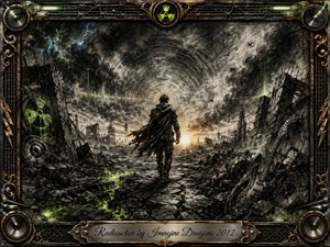 A lone survivor crosses a shattered radioactive wasteland beneath swirling charcoal skies and distant lightning. Toxic green fissures glow through cracked earth, while ruined towers, speakers, and a battered guitar frame the scene. Deep textured charcoal, metallic details, and muted gold light create a brooding, apocalyptic atmosphere of resilience and awakening.