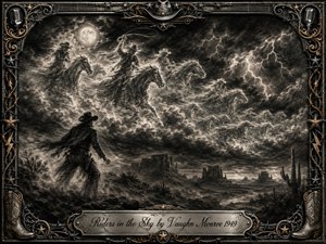 Ghostly cowboys thunder across storm-torn clouds above a lonely desert rider, creating an ominous supernatural western scene. Deep charcoal blacks, smoky grays, sepia highlights, moonlight, and lightning intensify the drama. An ornate metal frame with stars, barbed wire, microphones, boots, and engraved title plate completes the vintage illustration.