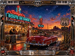 A gleaming red convertible cruises along Route 66 at twilight, passing a neon diner, vintage motel, gas pump, and desert mesas beneath a star-filled sky. Rich reds, turquoise, gold, and deep blue glow across wet pavement. Painterly Americana styling, jazz musicians, chrome details, piano keys, and ornate framing create a lively nostalgic road-trip mood.