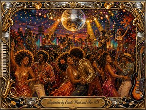 A jubilant 1970s disco celebration fills a glittering city rooftop, where dancers sway beneath a radiant mirror ball as a lively funk band performs behind them. Warm gold, crimson, turquoise, and amber tones glow through confetti and stage lights. Rich painterly textures, saxophones, guitars, records, and ornate metallic framing amplify the exuberant nostalgic energy.