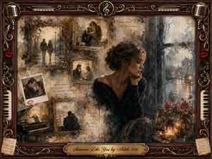 A solitary woman sits beside a rain-streaked window, surrounded by faded romantic memories in ornate vintage frames. Warm sepia, bronze, charcoal, and muted rose tones create a wistful, intimate mood. Painterly oil-and-watercolor textures blend with candlelight, piano imagery, roses, musical details, and an elaborate rosewood-and-gold decorative frame.