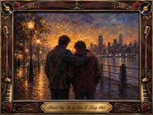 A devoted couple walks arm in arm along a rain-slicked waterfront at dusk, facing a glowing city skyline. Warm amber streetlights contrast with deep blue and burgundy shadows, creating a tender, reassuring mood. Rich impressionistic oil textures fill the scene, framed by rosewood, gold inlay, musical instruments, roses, records, and an engraved title plate.