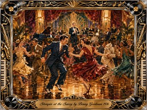 A jubilant 1930s swing ballroom bursts with dancers spinning across a gleaming floor before a lively big band. Warm gold lighting, burgundy curtains, teal accents, and polished brass create glamorous energy. Painted in richly textured vintage style, the scene is enclosed by an ornate Art Deco musical frame with engraved title plate.