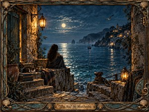 A solitary woman sits on a weathered Mediterranean terrace overlooking a moonlit sea and distant hillside village. Deep blues and turquoise water contrast with warm lantern light and golden windows. Ornate bronze framing, seashell motifs, ropes, fishing nets, stone steps, and a resting cat create a dreamy, handcrafted, contemplative atmosphere.