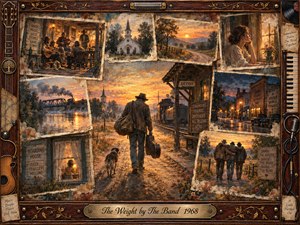 A weary traveler carrying a guitar walks beside a dog through a nostalgic small-town landscape, surrounded by faded memory scenes of musicians, roads, churches, trains, and companionship. Warm amber sunsets, weathered blues, and soft lamplight create a reflective mood. Painterly textures and a richly ornamented rosewood musical frame complete the vintage Americana collage.