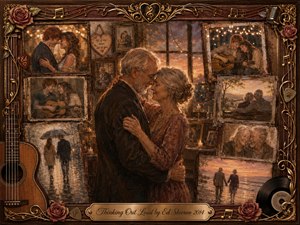 An elderly couple dances tenderly at the heart of a nostalgic memory collage, surrounded by framed scenes of love across the years. Warm amber, rose, and sepia tones glow beneath sunset light and string lamps. Painterly textures, acoustic guitar details, roses, vinyl, and ornate gold accents create a timeless, romantic atmosphere.