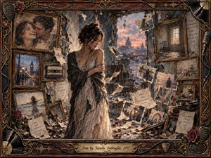 A solitary woman stands in a crumbling room surrounded by faded photographs, torn notes, roses, records, and broken memories. Warm sunset light filters through ruined walls, contrasting with muted browns, dusty blues, and soft gold. Painterly textures, ornate framing, and scattered keepsakes create a bittersweet atmosphere of heartbreak, nostalgia, and emotional fragmentation.