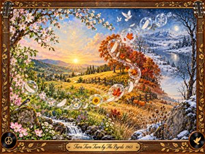 A richly detailed seasonal landscape flows from blossoming spring through golden summer and fiery autumn into snowy winter. Translucent feather-filled bubbles form a graceful S-curve across the scene, symbolizing time and renewal. Warm sunrise light, vivid natural colors, flying doves, flowers, streams, and an ornate guitar-inspired wooden frame create a peaceful folk-rock atmosphere.