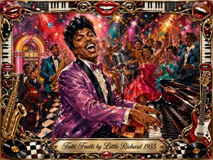 Little Richard commands a jubilant 1950s rock-and-roll stage, pounding a grand piano beside a chrome microphone as dancers and musicians erupt behind him. Vibrant reds, purples, golds, and turquoise glow under theatrical lights. Expressive oil-paint textures, confetti, saxophones, guitars, vinyl records, smiling red lips, and ornate gold trim amplify the exuberant celebration.