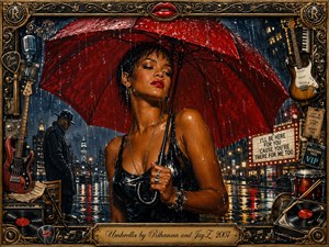 A glamorous woman stands beneath a vivid red umbrella on a rain-soaked city street, glowing against dark blue night tones and shimmering neon reflections. The dramatic, romantic composition features rich painted textures, warm highlights, music memorabilia, guitars, records, and ornate gold detailing, all enclosed by an elaborate decorative frame and engraved title plate.