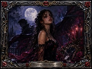 A mysterious young woman stands beneath a luminous full moon in a shadowy gothic landscape, surrounded by crimson roses, candles, and dark architectural silhouettes. Deep black, violet, burgundy, and silver tones create a dramatic, wounded mood. Expressive painterly textures, flowing fabric, ornate chrome-and-gold framing, guitars, red lips, and the engraved title plate complete the composition.
