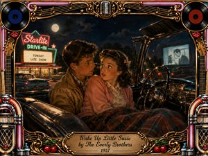A young couple huddles nervously in a moonlit 1950s drive-in convertible, surrounded by glowing neon, vintage cars, and a movie screen. Warm amber highlights contrast with deep midnight blues, creating playful romantic tension. Rich painterly realism, chrome reflections, records, jukebox motifs, musical ornaments, and an engraved title plate complete the nostalgic scene.