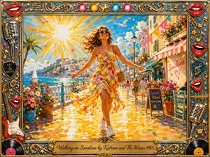 A joyful woman strides along a sunlit seaside promenade, her floral dress and windblown hair glowing beneath a radiant golden sun. Vibrant blues, yellows, pinks, and turquoise create an exuberant painterly atmosphere. Flowers, confetti, ocean views, and cheerful shops surround her, framed by ornate musical motifs and a decorative title plate.