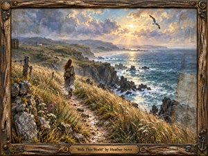 A solitary woman walks a winding cliffside path above a restless blue sea, surrounded by windblown grasses, wildflowers, and rugged stone. Golden sunlight breaks through dramatic clouds, creating a reflective, hopeful mood. Painterly textures, weathered coastal details, soaring gulls, and an ornate handcrafted frame deepen the nostalgic, adventurous atmosphere.