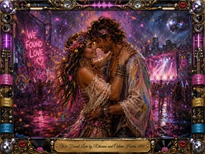 A passionate couple embraces at a vibrant nighttime music festival, surrounded by dancing crowds, neon lights, confetti, and a glowing city skyline. Rich pinks, purples, blues, and golds create a euphoric romantic mood. Expressive mixed-media painting textures, disco balls, instruments, and an ornate music-themed frame amplify the celebratory atmosphere.