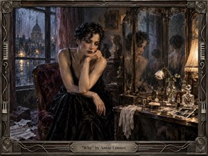 A solitary woman in a black evening dress sits beside a weathered vanity in a rain-darkened room, surrounded by fractured reflections, faded photographs, a wilting rose, and scattered music pages. Muted bronze, burgundy, charcoal, and blue tones glow under lamplight, creating a richly textured, painterly atmosphere of regret, isolation, and introspection.