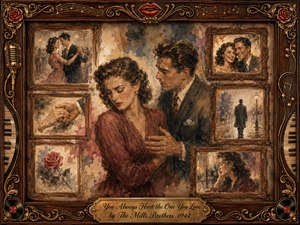 A nostalgic 1940s love story unfolds in a richly textured memory collage, centering on a sorrowful woman turning from a regretful man. Warm sepia, burgundy, cream, and antique gold glow under soft lighting. Smaller framed scenes of dancing, clasped hands, roses, and separation surround them within an ornate musical rosewood frame.