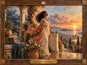 A poised woman stands on a flower-draped Mediterranean terrace overlooking a luminous coastal city at sunset. Warm gold, coral, cream, and deep blue tones create an uplifting, resilient mood. Flowing fabric, dramatic clouds, reflective stone, classical arches, and intricate botanical details give the richly textured painting a romantic, handcrafted grandeur.