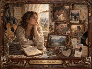 A wistful young woman rests beside a sunlit window, surrounded by an acoustic guitar, handwritten notes, flowers, records, and warmly framed memories of love and distant landscapes. Soft amber, cream, and rosewood tones create a tender nostalgic mood, blending painterly realism with vintage collage textures, delicate gold ornamentation, and intimate afternoon light.