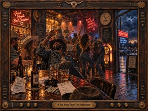 A lively honky-tonk glows with amber lamps and red neon as revelers dance, toast, and crowd around a worn wooden bar. Rainy blue streets shimmer beyond the doorway, contrasting the warm interior. Rich painterly textures, reflections, cowboy details, instruments, bottles, and a rugged guitar-themed frame create a celebratory, restless atmosphere.