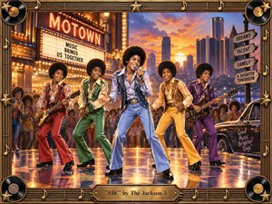A vibrant retro Motown stage scene captures five youthful performers in colorful 1970s outfits, dancing and playing instruments before an enthusiastic crowd. A glowing city skyline and sunset create warm amber, gold, and violet light, while polished reflections amplify the energy. Ornate musical borders, vinyl records, stars, and a bronze title plate complete the handcrafted nostalgic design.