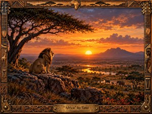 A regal lion sits beneath a sweeping acacia above a vast African savanna, overlooking winding reflective rivers, elephants, distant mountains, and a blazing sunset. Rich amber, bronze, violet, and crimson tones create a majestic, contemplative mood. The scene combines cinematic realism with handcrafted detail, enclosed by an ornate wood-and-metal musical frame and engraved bronze title plate.