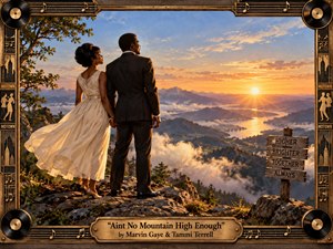 A stylish 1960s couple stands hand in hand atop a rugged mountain, overlooking misty valleys, distant peaks, and glowing waterways at sunrise. Warm gold, amber, blue, and cream tones create an uplifting, romantic mood. A richly ornamented Motown-inspired frame, vinyl records, musical details, and engraved title plate complete the cinematic illustration.