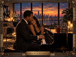 A tender couple sits at a grand piano in a candlelit penthouse, framed against a glowing city skyline at sunset. Warm amber light, deep blues, and glossy reflections create an intimate, luxurious mood. The richly detailed scene feels cinematic and handcrafted, with roses, photographs, musical motifs, and an ornate decorative frame.