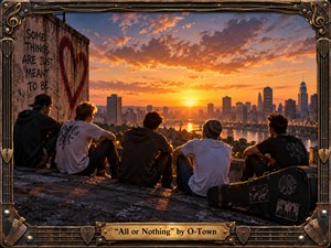 Five young men sit on a weathered rooftop, watching golden sunlight spill across a river and city skyline beneath orange and violet clouds. The cinematic, realistic scene feels reflective and nostalgic. Heart graffiti and a worn guitar case anchor the foreground, enclosed by an ornate bronze musical frame and title plate.