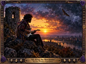 A psychedelic guitarist sits on rugged rocks beside an ancient watchtower, overlooking a glowing river city beneath a turbulent sunset sky. Fiery oranges and golds collide with deep violet storm clouds and distant lightning, creating an ominous, electrified mood. Intricate rock-inspired framing, metallic details, and richly painted textures complete the dramatic composition.