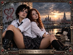 Two young women in school uniforms sit close together on a rain-slick rooftop, their guarded expressions framed by a turbulent sunset over a distant city skyline. Warm gold light cuts through storm clouds, reflecting in puddles. The image feels intimate, rebellious, and melancholic, rendered in richly detailed, cinematic mixed-media realism with a decorative industrial frame.