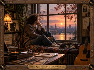 A curly-haired man sits curled in a window nook, gazing across a rain-dappled river city at sunset, wrapped in quiet melancholy. Warm amber lamplight fills the book-lined room, where records, a guitar, scattered papers, and a sleeping cat enrich the intimate scene. The richly textured artwork is framed in ornate carved wood with musical detailing.
