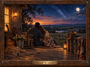 A tender couple embraces on a rustic farmhouse porch overlooking a moonlit valley beneath a star-filled sky. Warm lantern light contrasts with deep blues, amber clouds, and distant fields. Richly textured digital painting details include weathered wood, quilts, wildflowers, a guitar, sleeping dog, cowboy hat, and an ornate country-inspired frame.