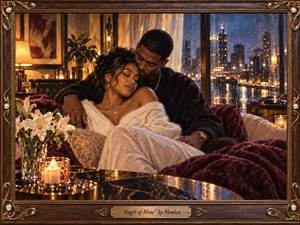 A tender couple embraces on a plush sofa beside rain-streaked windows overlooking a glowing nighttime city. Warm candlelight, cream fabrics, burgundy blankets, white lilies, and a nearby record player create an intimate, nostalgic mood. Rich realism, reflective surfaces, soft shadows, and an ornate wood-and-brass frame heighten the romantic atmosphere.