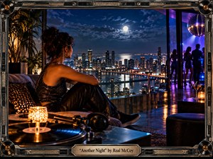 A solitary woman overlooks a glittering moonlit city from a luxurious rooftop lounge while dancers glow behind glass beneath violet-blue club lights. Warm candles, a turntable, headphones, reflective surfaces, and metallic textures contrast with the cool skyline, creating a cinematic 1990s dance-pop mood of longing, nightlife, and emotional distance.